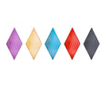 Five diamond-shaped color swatches in purple, yellow, teal blue, red, and dark gray smoke, arranged in a row on a plain white background.