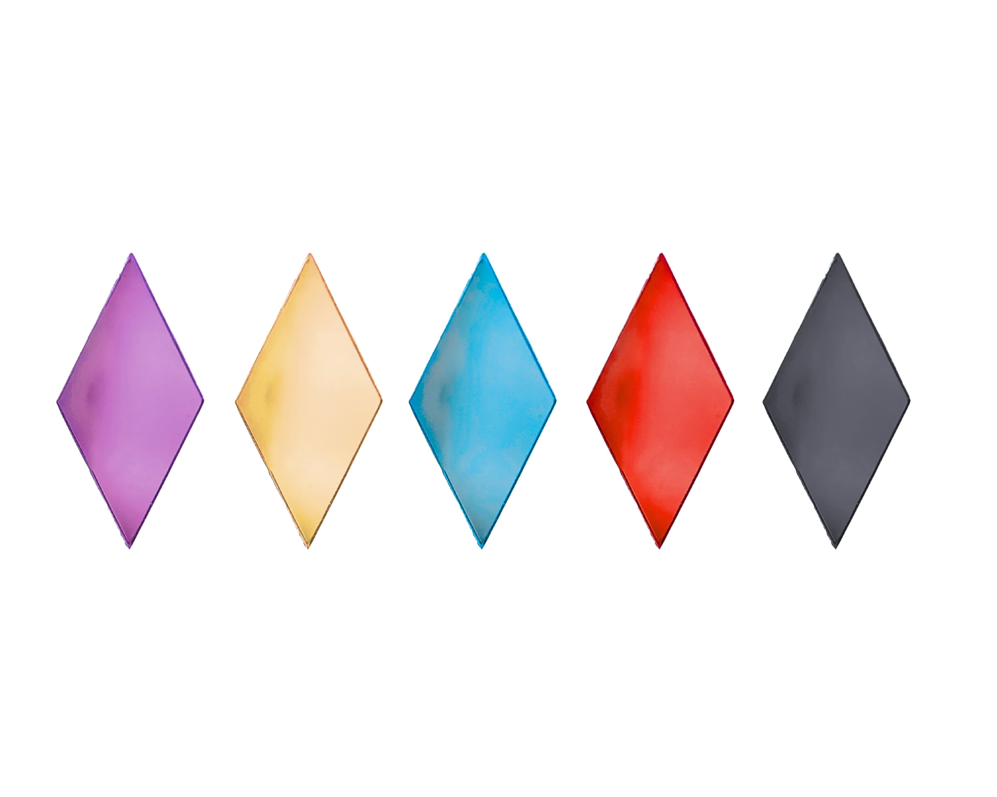 Five diamond-shaped color swatches in purple, yellow, teal blue, red, and dark gray smoke, arranged in a row on a plain white background.